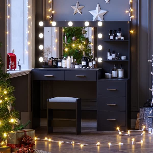 dressing table fairy lights HONEY JOY Makeup Vanity Set Vanity Table with Removable Mirror Dressing Styling Table White TOPB009277