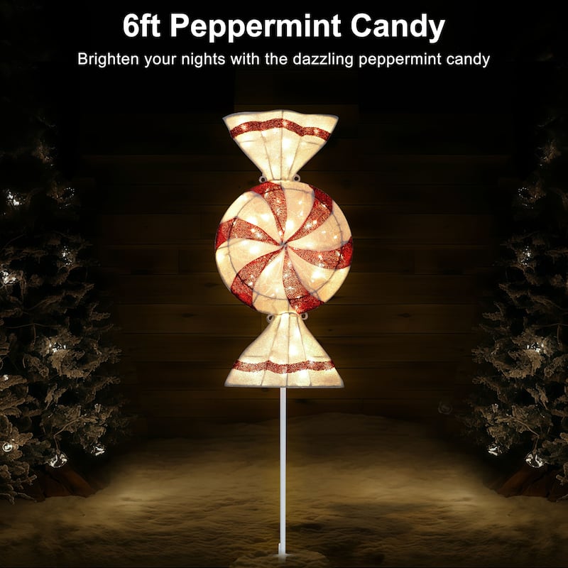Puleo International 6' Pre-Lit Outdoor Peppermint Candy Pathway Stake Christmas Decor with 74 Warm White Twinkling LED Lights