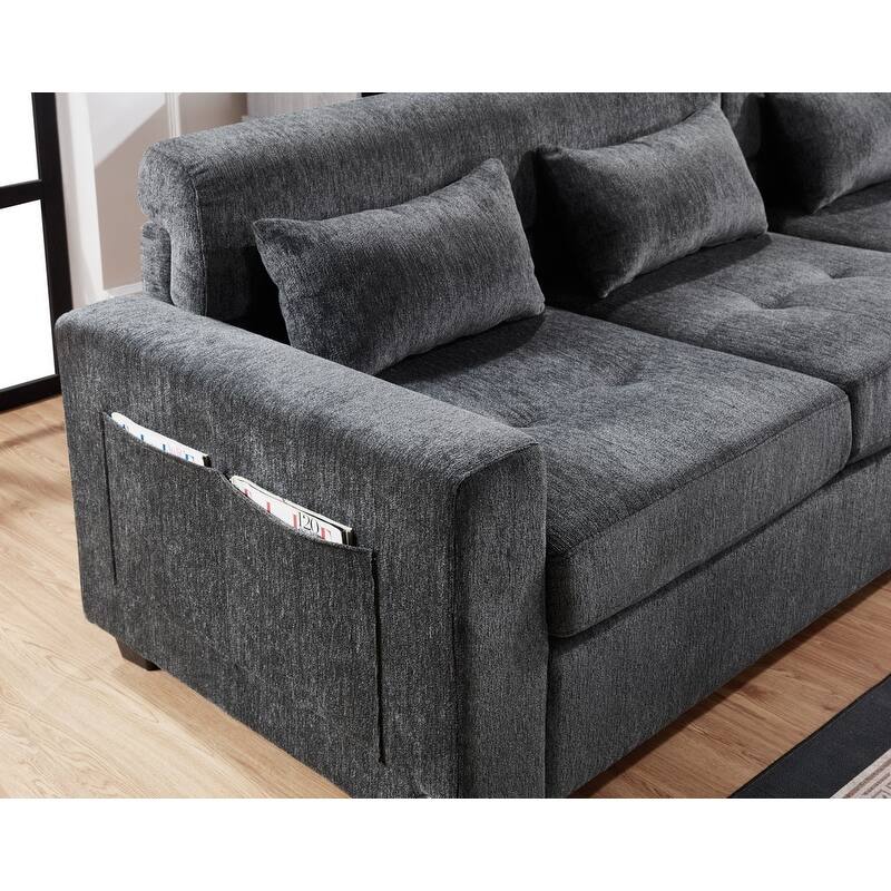 Trey 115"W Gray Chenille Sectional with Adjustable Backrest, Charging Ports, Pockets, Tufting, Storage Ottoman, Throw Pillows