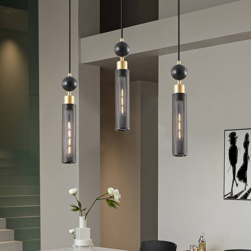 Modern Black and Gold 3-Light Adjustable Pendant Light with Cylindrical Mesh Shades, E26 Base, for Dining Room and Living Room
