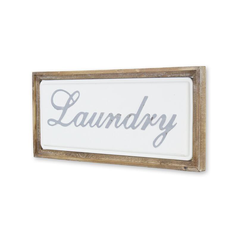 HomeRoots 11" X 24" Brown and White Laundry Wood and Metal Wall Decor