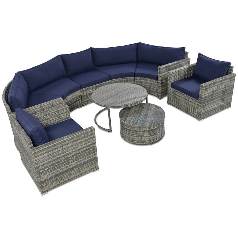 9 Piece Half-Moon Outdoor Sofa Set, All-Weather Rattan Conversation Furniture Set, Round Sofa Set with Coffee Table