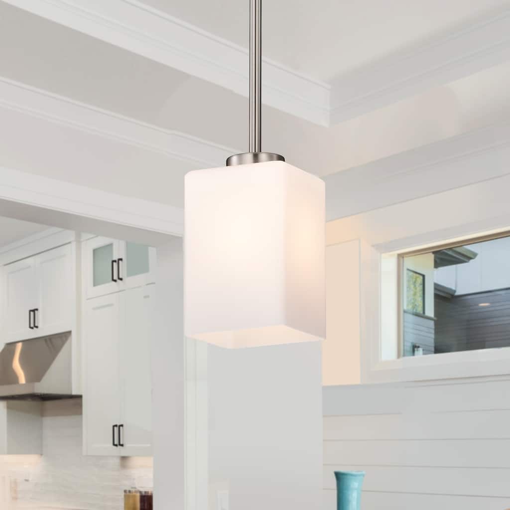Brushed Nickel 1-Light Modern Mini Pendant with Pyramid Shaped Etched White Glass Shade
