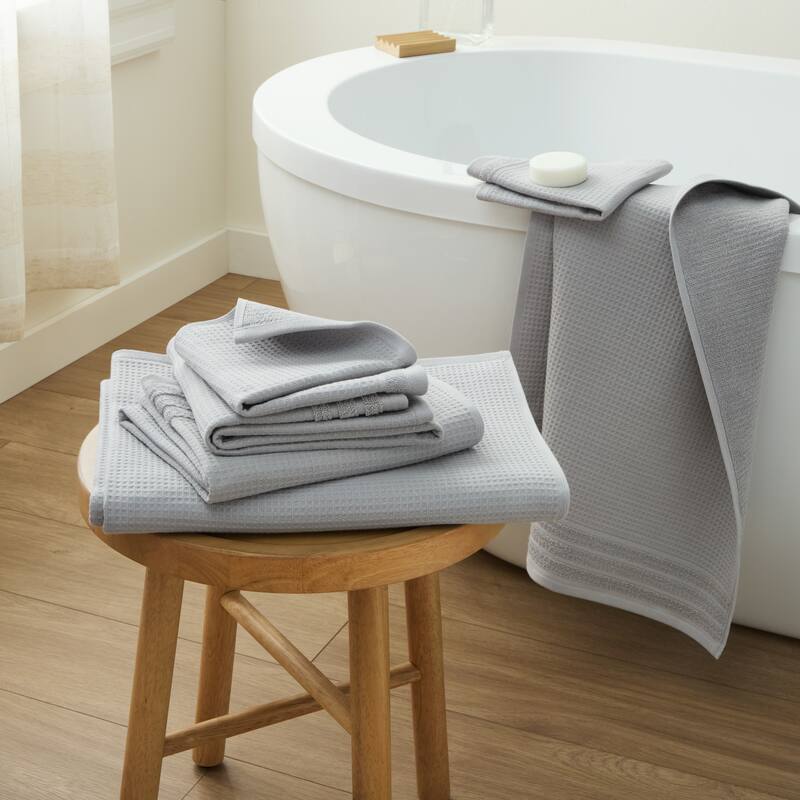 TOWN & COUNTRY BASICS 6-Piece Assorted Waffle Woven Terry Stripe Set, 2 Bath, 2 Hand, 2 Wash, 100% Cotton, Quick Dry