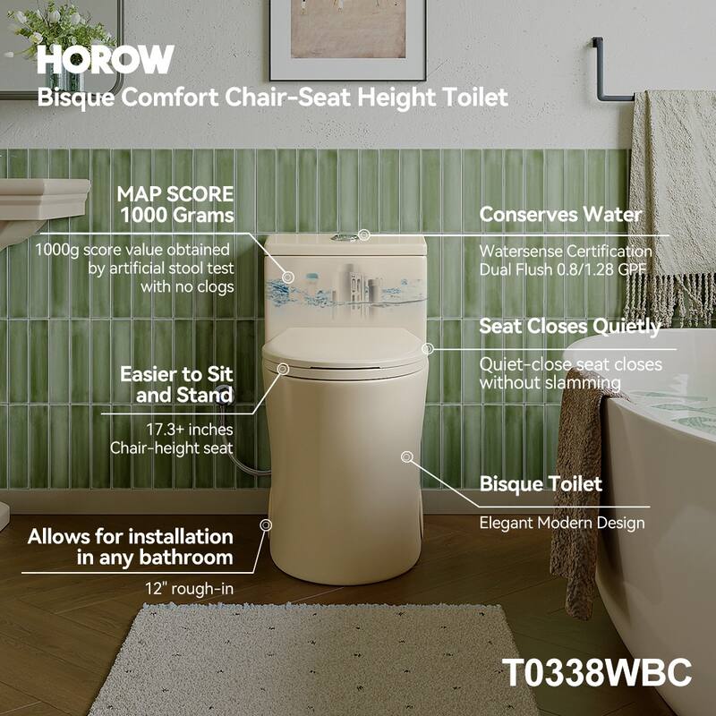 HOROW One Piece 0.8/1.28 GPF High Efficiency Dual Flush Elongated Biscuit Toilet with Soft Close Seat - N/A