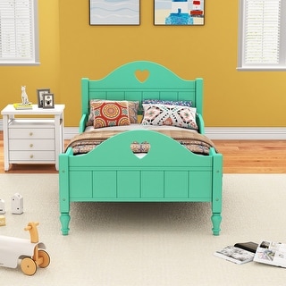 Twin Size Toddler Bed with Safety Rails and Love Design Cutouts - Solid Wood Construction, Macaron Colors, Easy Access