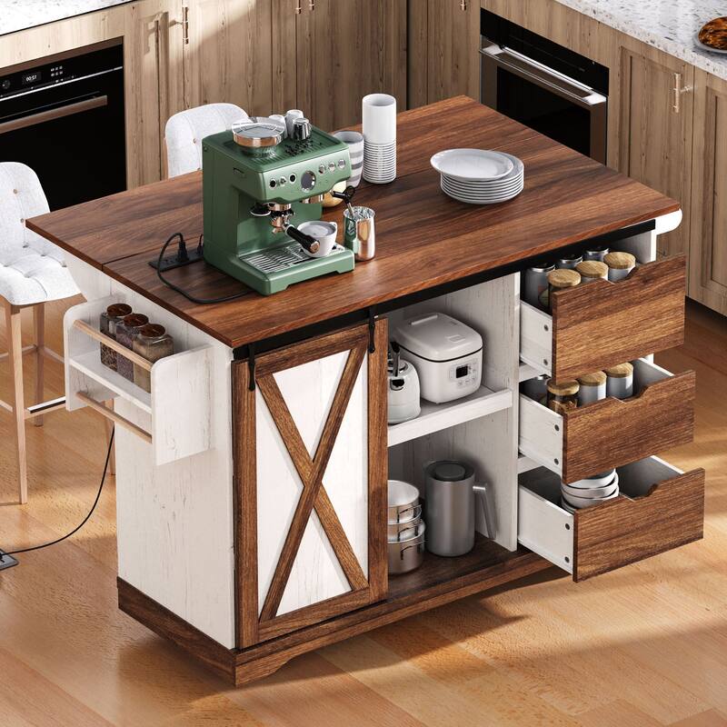 Farmhouse Kitchen Island with 3 Drawers, Barn Doors, Electrical Outlets, Spice and Towel Racks, for Kitchen