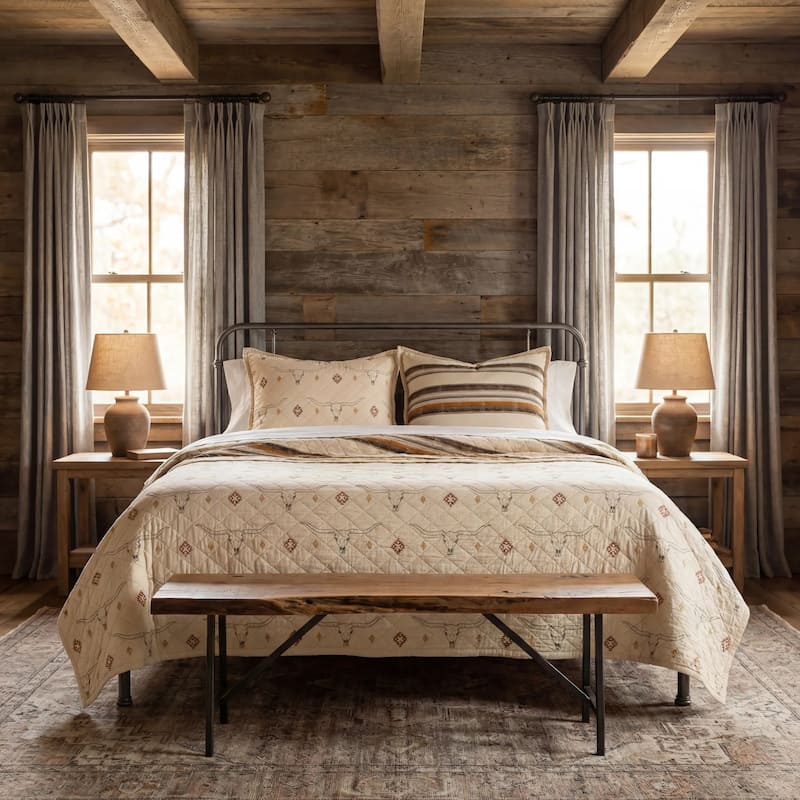 Paseo Road Maverick Longhorns Rustic Western Skull and Vintage Stripes Pattern 3 Piece Reversible Quilt with Pillow Shams