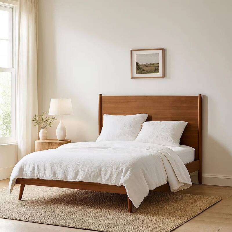 Ozzy King Size Bed with Slat Panel Design, Natural Acacia Wood Finish