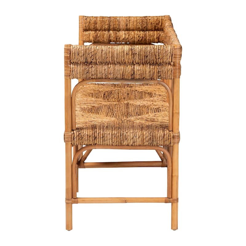 Adisa Natural Rattan Bench - Banquette with Woven Seagrass Seat and Back, Coastal Boho Accent Seating
