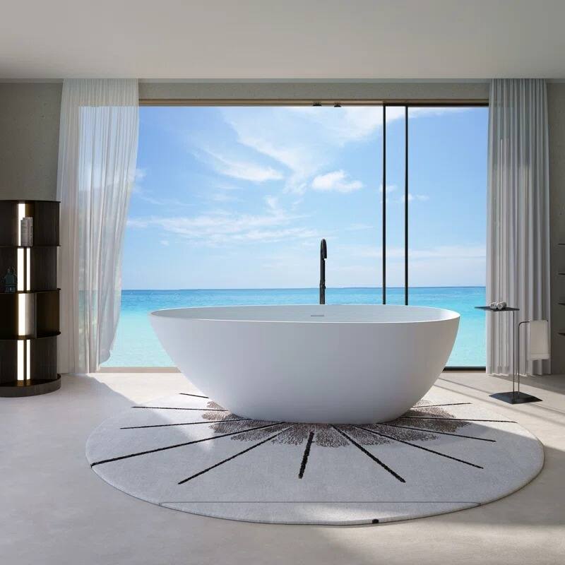ABRUZZO Freestanding Soaking Solid Surface Bathtub with Overflow and Pop-up Drain