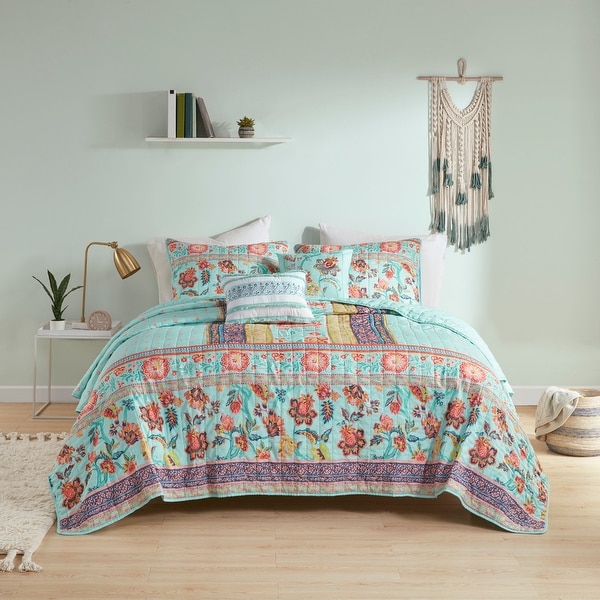 Eliza Aqua Boho Printed Coverlet Set by Intelligent Design Bed
