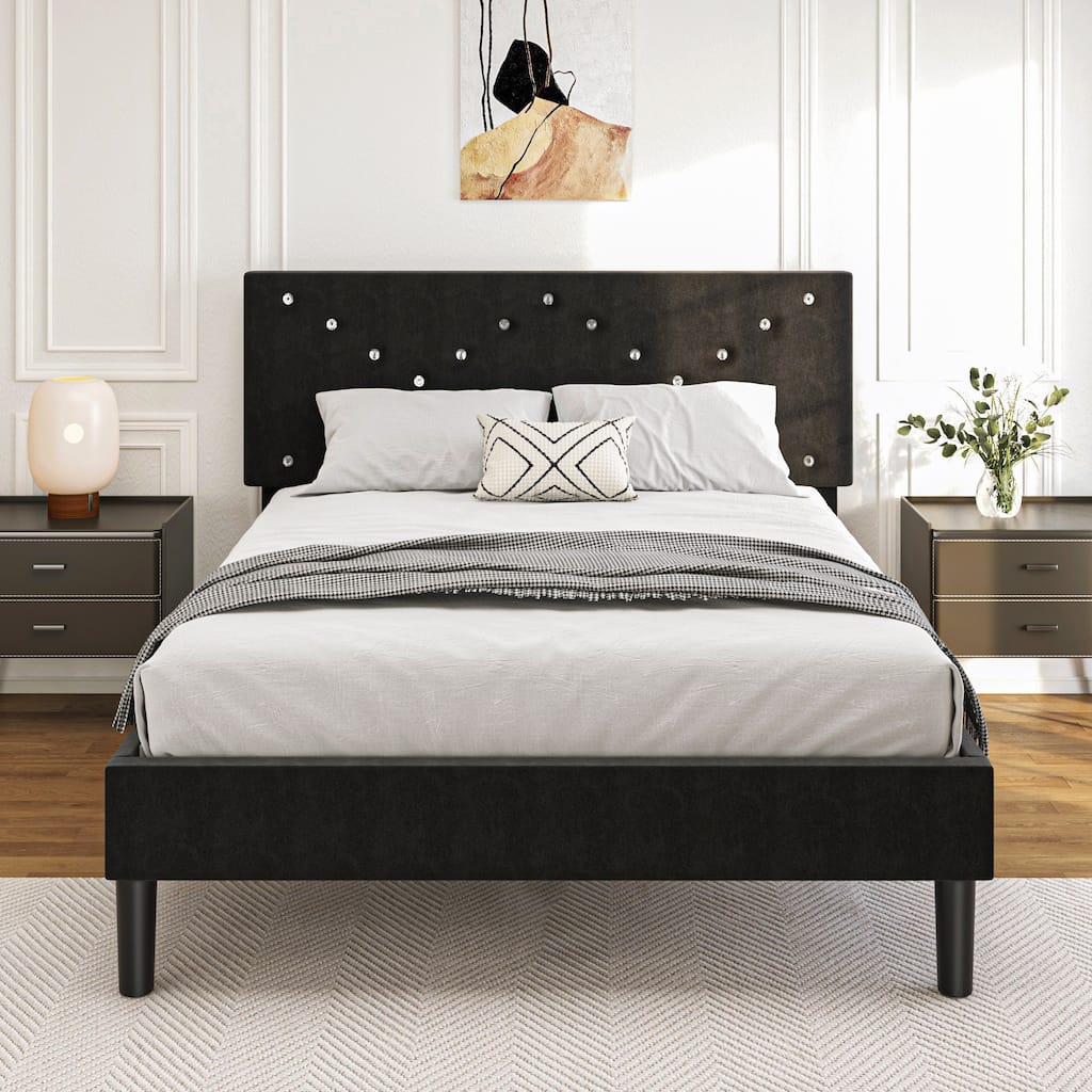 Full Size Modern Platform Bed Frame with Upholstered Headboard & Wooden Slats - No Box Spring Needed, Easy Assembly, Black