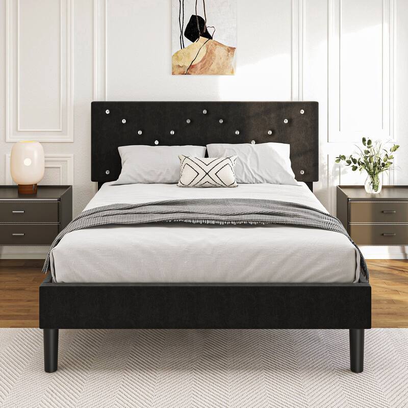 Modern Platform Bed Frame with Upholstered Headboard & Wooden Slats