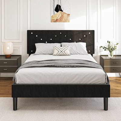 Modern Platform Bed Frame with Upholstered Headboard & Wooden Slats