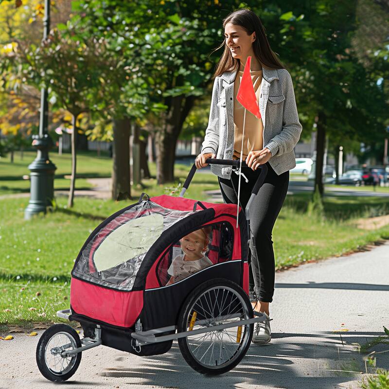 2-Seat Baby Bike Trailer for Kids with Safety Harness, Removable Canopy, Ample Storage