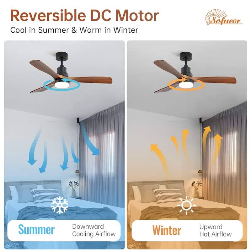 52" Wooden 6-Speed Noiceless Reversible DC Motor Ceiling Fan with Light and Remote