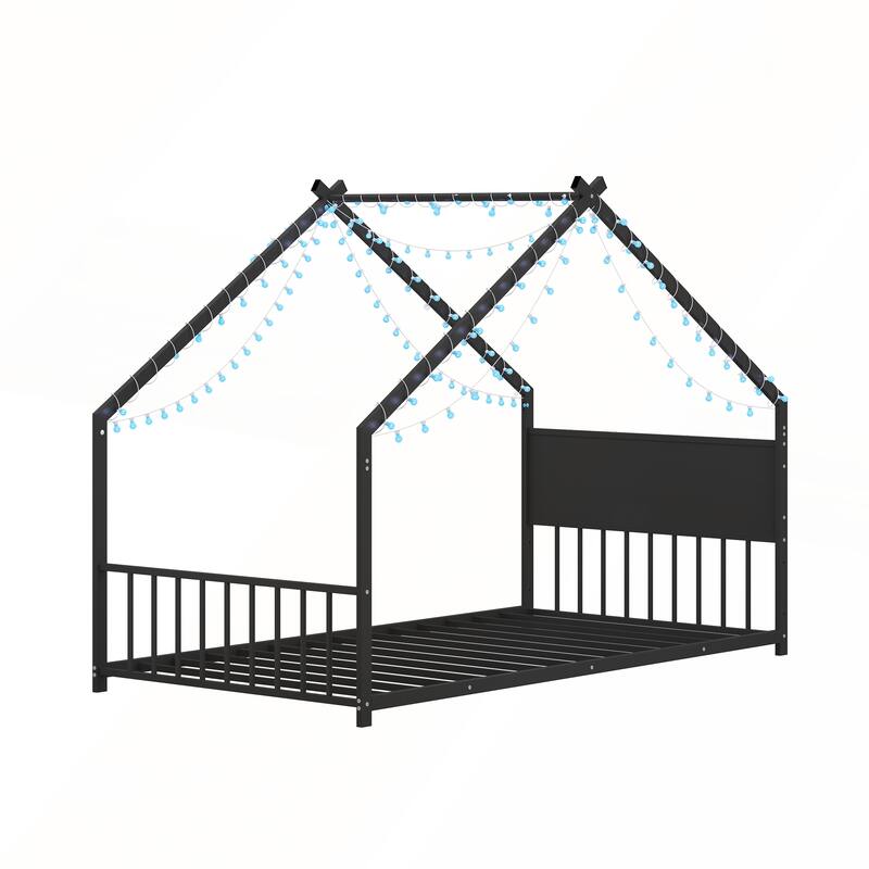 Twin Size House Bed with Roof and Colorful Lights