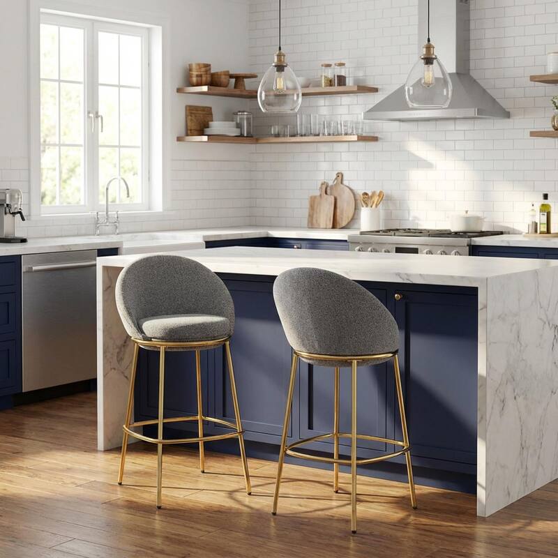 Roomfitters Celano Indoor Metal Upholstered Barstools with Gold Plated Frame, Half Moon Back, Set of 2 - Set of 2 - Gold,Grey