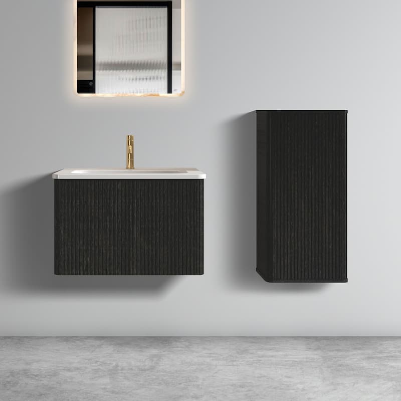 Floating Bathroom Vanity with Ceramic Sink, Wall Mounted Bathroom Storage Cabinet, Fluted Bathroom Cabinet with 2 Drawers