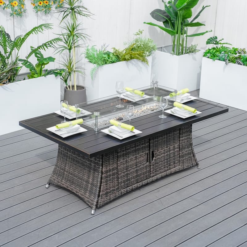 7-piece Outdoor Wicker Patio Dining Set with 6 Chairs and Aluminum Table Top Fire Pit Table