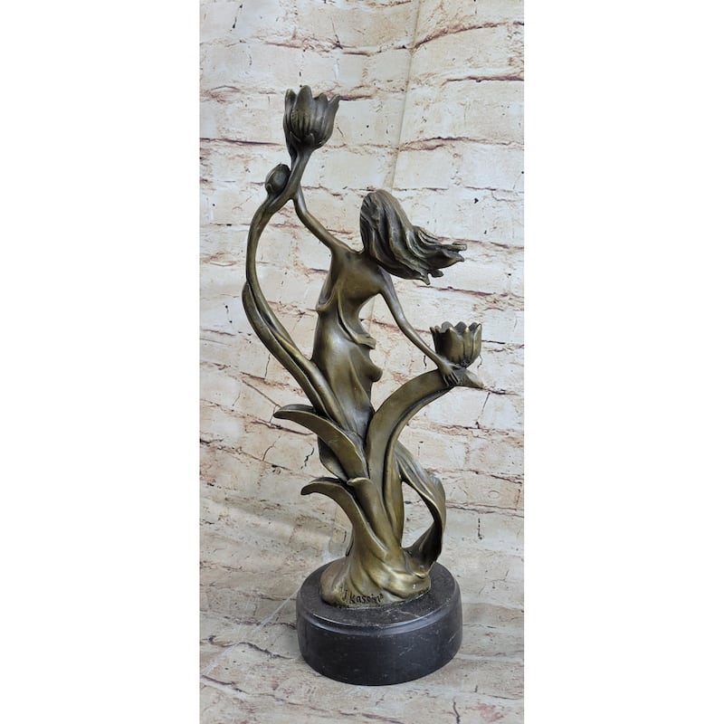 Handcrafted Wood Nymph Bronze Candleholder Sculpture Hot Cast Marble Base Figure