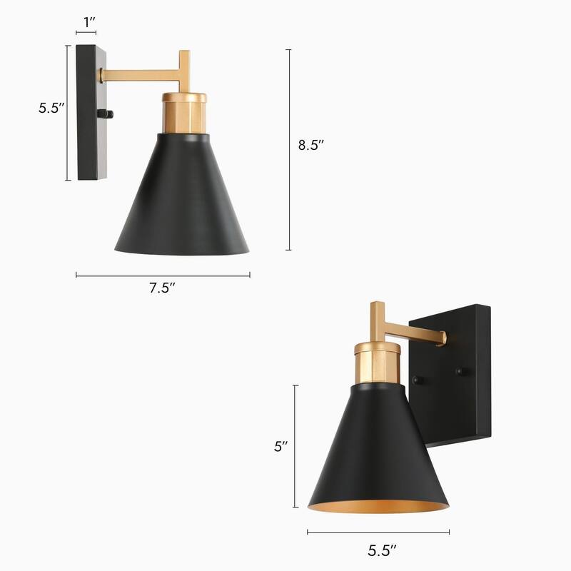 Reuel 1-Light Modern Industrial Black Gold Wall Sconce Metal Bathroom Vanity Lights - L5.5" x W7.5" x H8.5"