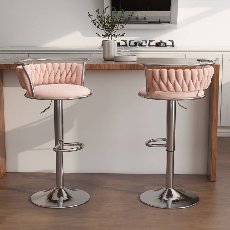 Modern Velvet Adjustable Swivel Bar Stools Set of 2 - Pink-Silver
