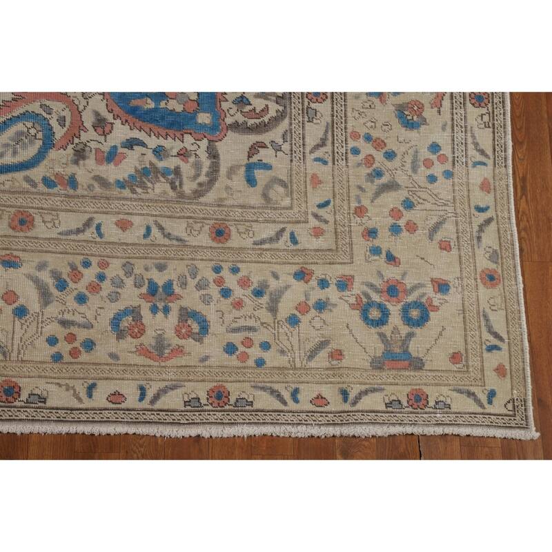 Floral Tabriz Persian Area Rug Traditional Beige Handmade Wool Carpet - 8'1"x 10'11"
