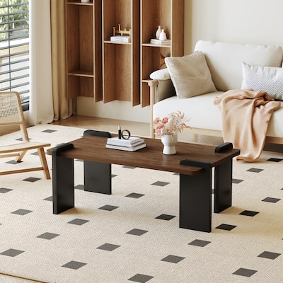 Modern Minimalist Coffee Table Square Coffee Table with Black Legs and Walnut Color Tabletop, for Living Room