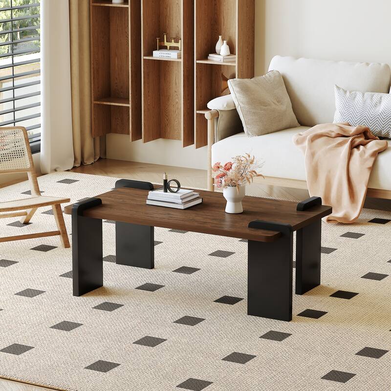 Unique Tenon Mortise Structure Coffee Table, Rectangular Center Table with Black Legs for Living Room Home Office Decor