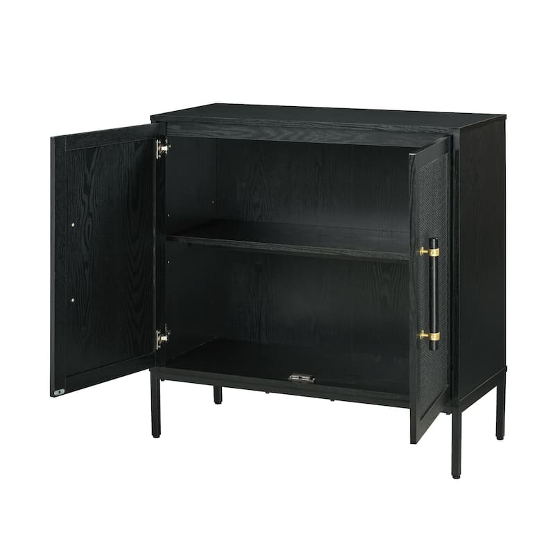 Hopper Studio Sophia Wooden 2-Door Accent Cabinet, Carbon Black with Rattan Doors, Storage for Living Room and Kitchen