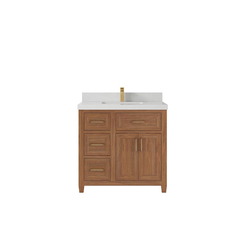 Willow Collections 36 in. W x 22 in. D Santa Monica Teak Bathroom Vanity Center with Countertop - 2”Carrara Quartz - Dark Natural Teak