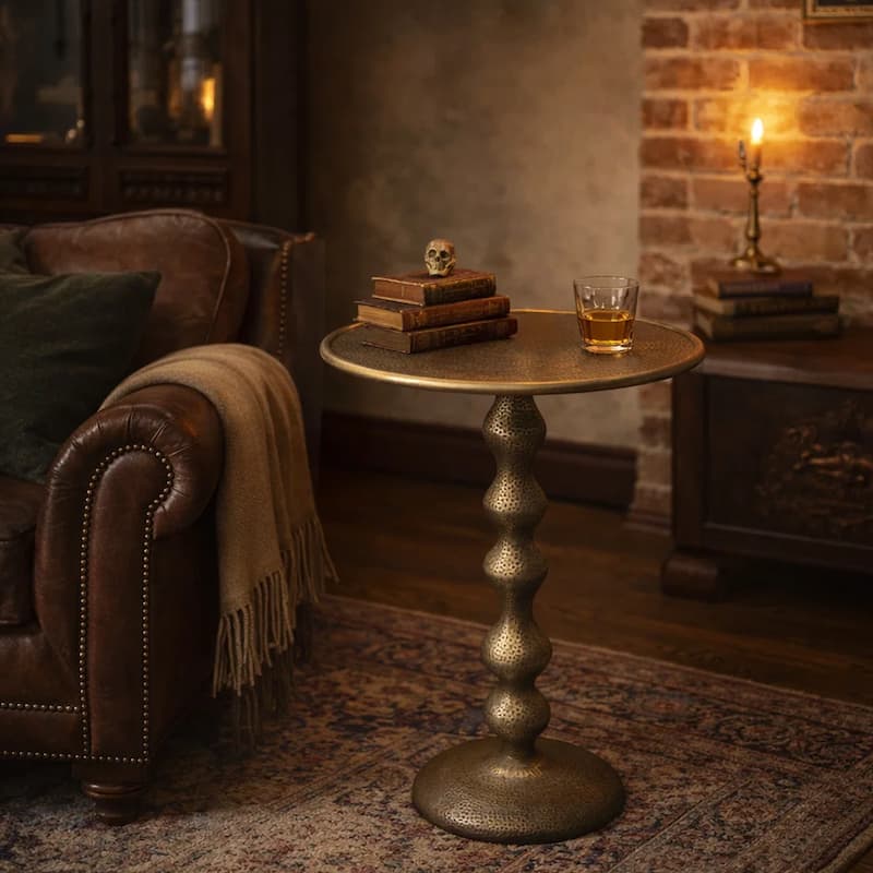 Shae 22 Inch Round Side End Table - Antique Brass Cast Aluminum with Hammered Texture For Small Places