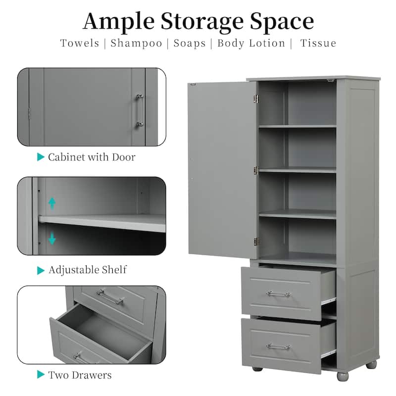 Tall Bathroom Storage Cabinet,Freestanding Cabinet with Two Drawers and Adjustable Shelf,MDF Board with Painted Finish