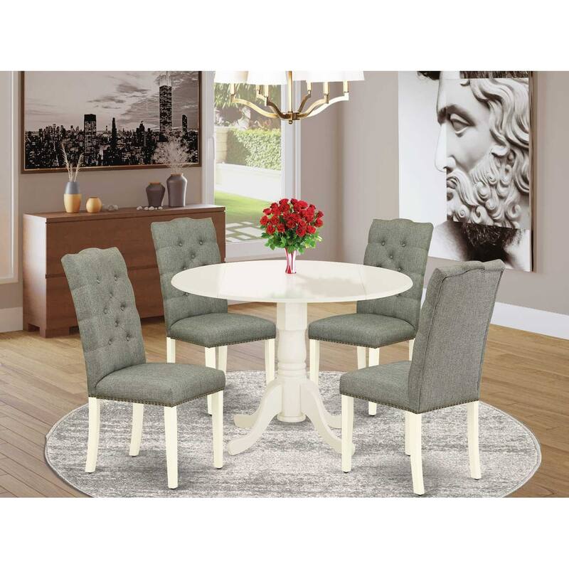 HomeStock 5-Piece Round Buttermilk and Cherry Finish Solid Wood Top Dining Table with 4-Parson Chair with Lattice Back
