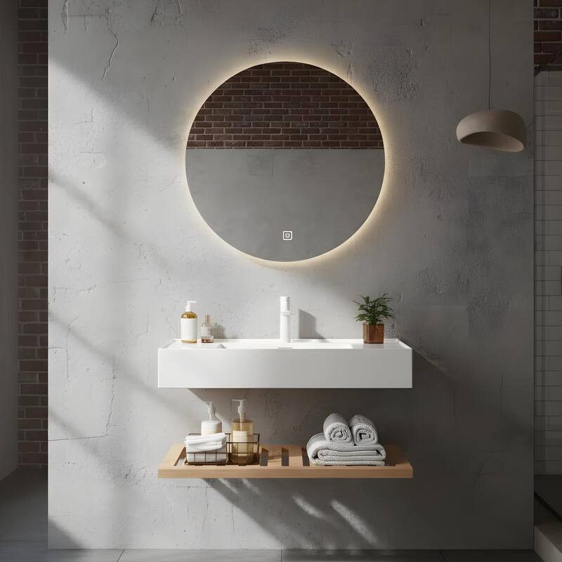 Bathroom Vanity with Vessel Sink and Striped Shelf Layer