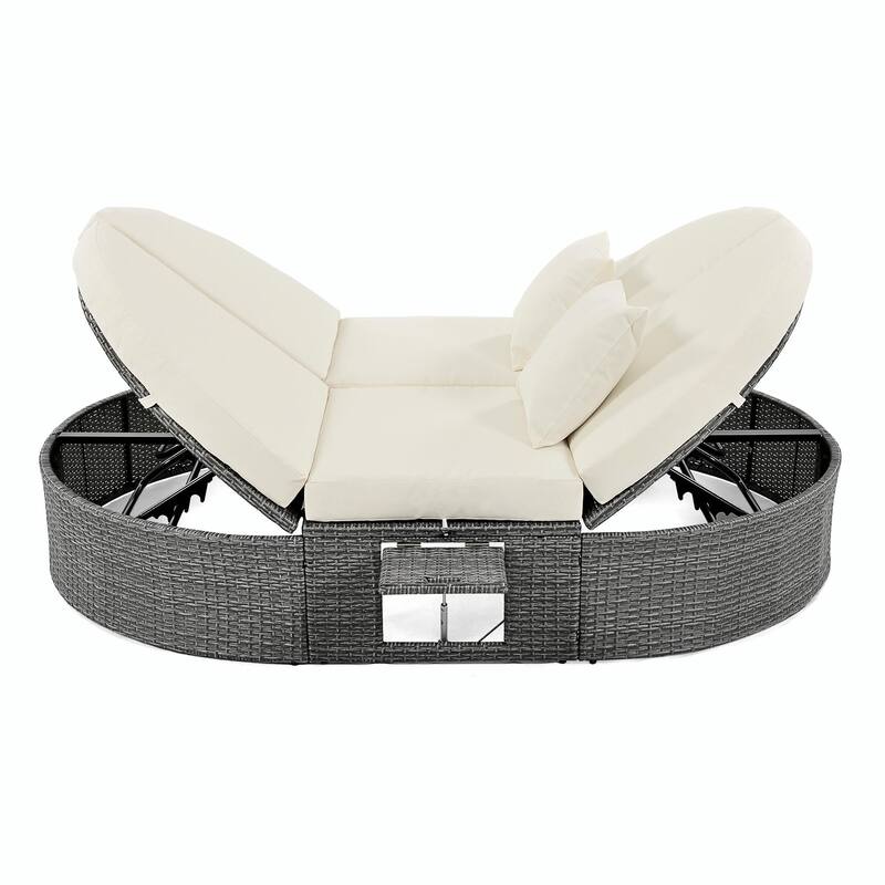 Rattan Patio Daybed with Cushions, Reclining Chaise Lounge, Foldable Trays