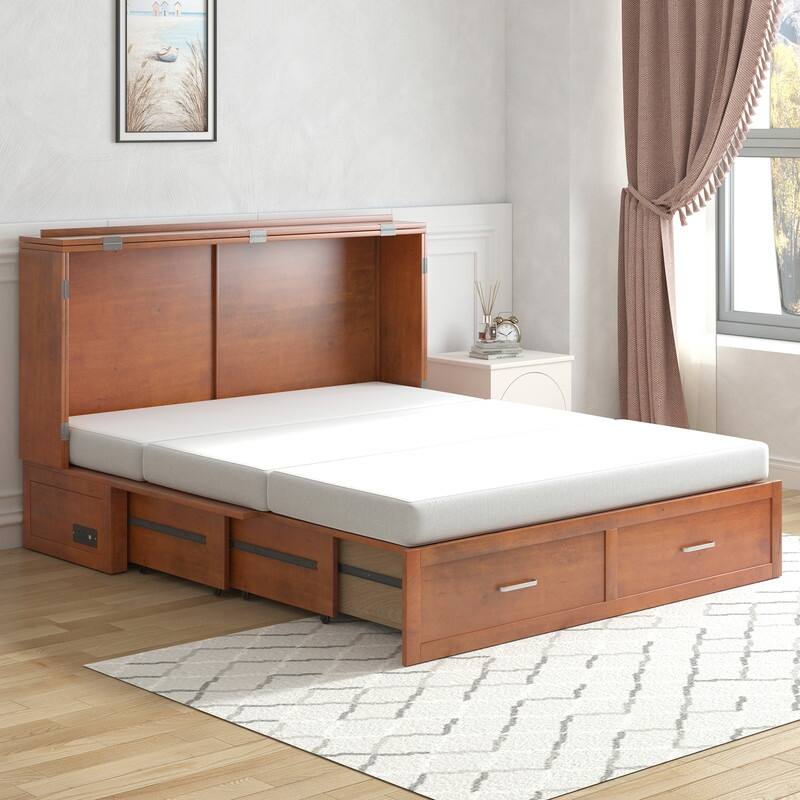 Mixoy Modern Murphy Bed Chest with Mattress,Storage Drawer,Charging Station