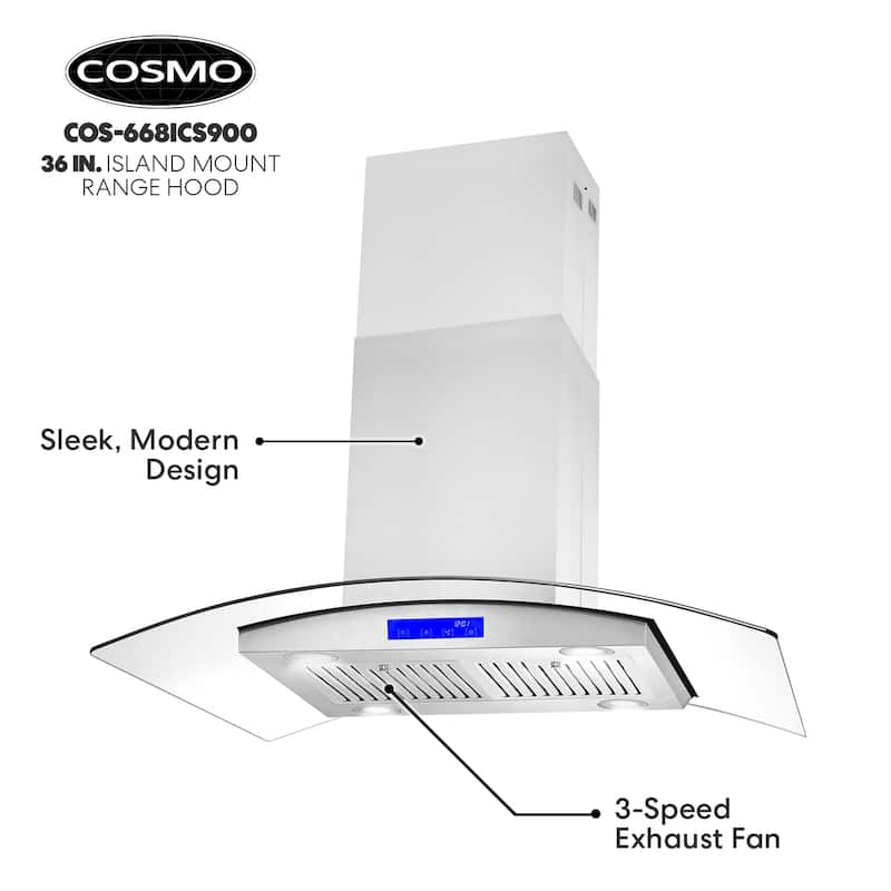 Cosmo 36 in. Ductless Island Range Hood in Stainless Steel with Carbon ...
