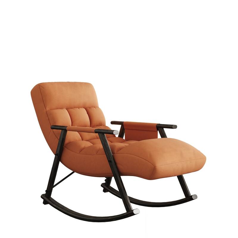 Casual folding rocking chair upholstered, lounge rocking chair adjustable high back and foot rest,side pockets