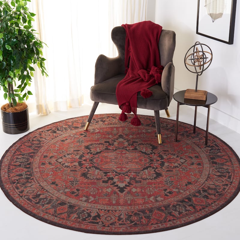 SAFAVIEH Journey Machine Washable Slip Resistant Meryl Traditional Oriental - 8' Round - Navy/Red - Runner/Round