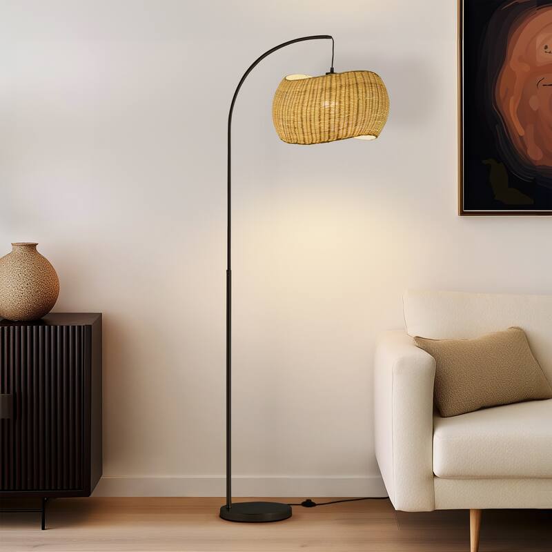 Brightech Wave 81 in. Mid-Century Modern LED Super Bright Floor Lamp with Beige Bamboo Drum Shade
