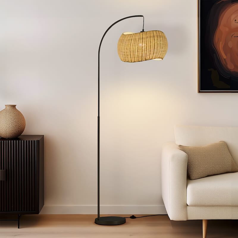 Brightech Wave Pendant 78" Classic Matte Black Mid-Century 9W 800Lm 3000K LED Modern Arc Floor Lamp With Beige Rattan Drum Shade