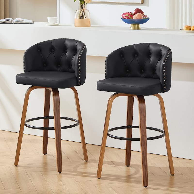 Faux Leather Upholstered Wood Frame Swivel Counter Stools / Bar Stools, Set of 2 - Black - Bar Height