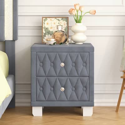 Velvet Upholstered Nightstand, Small Wooden Dresser, Sofa Side Table with Tufted Button, 2 Drawers & Crystal Handle