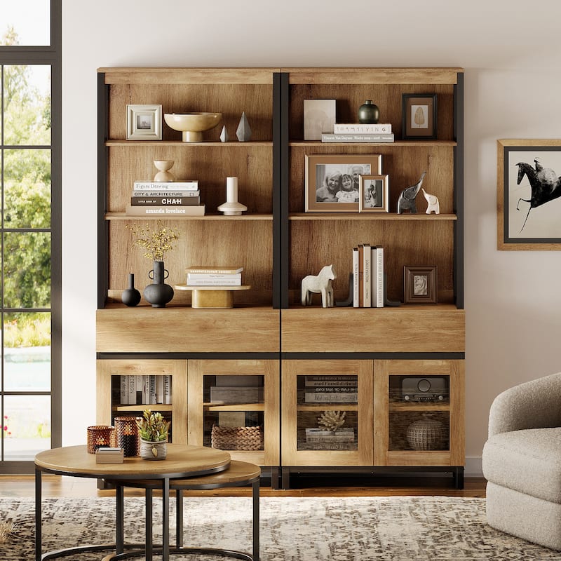 2 PCS Modern 72" Tall Bookcase with 2 Drawers and Open Book Shelfs for Home Office, Living room.