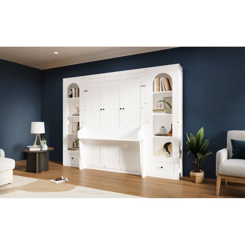 Queen Size Folding Platform Bed with Shelves, Cabinets, Drawers, and LED Lighting