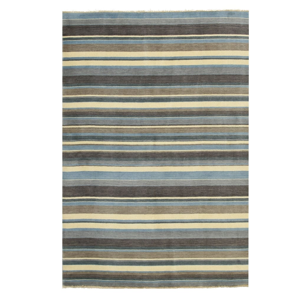 Blue/Brown Handmade Wool Transitional Striped Rug, 2' x 3', Small Accent for Home - L