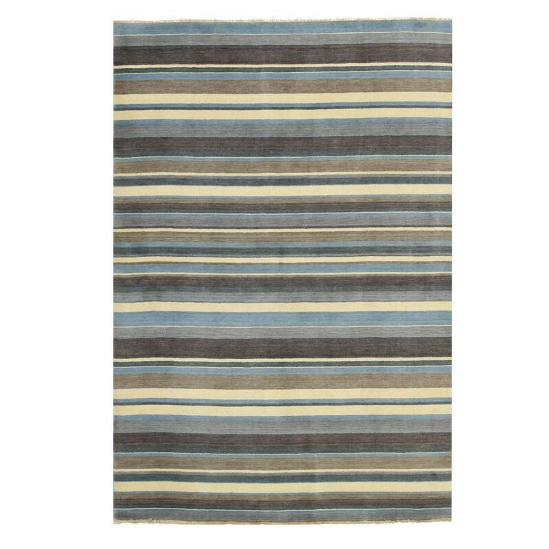 Blue/Brown Handmade Wool Transitional Striped Rug, 2' x 3', Small Accent for Home - L